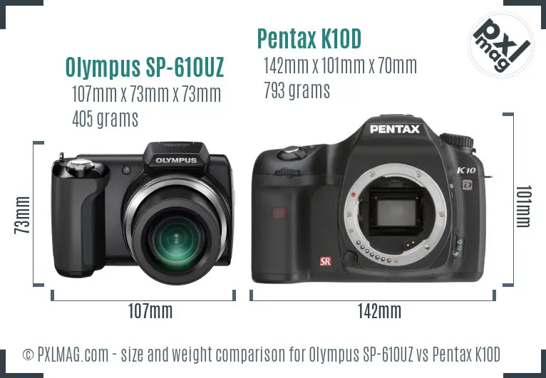 Olympus SP-610UZ vs Pentax K10D size comparison