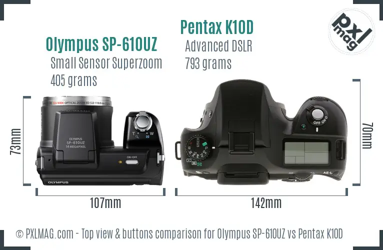 Olympus SP-610UZ vs Pentax K10D top view buttons comparison
