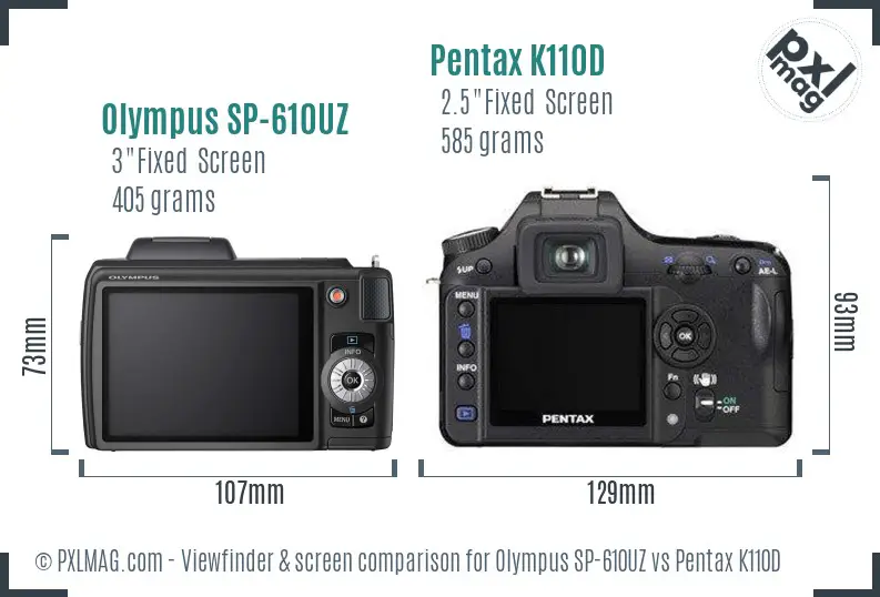 Olympus SP-610UZ vs Pentax K110D Screen and Viewfinder comparison
