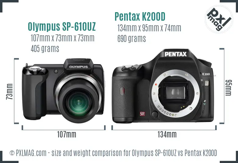 Olympus SP-610UZ vs Pentax K200D size comparison