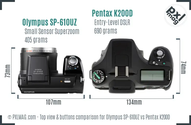 Olympus SP-610UZ vs Pentax K200D top view buttons comparison