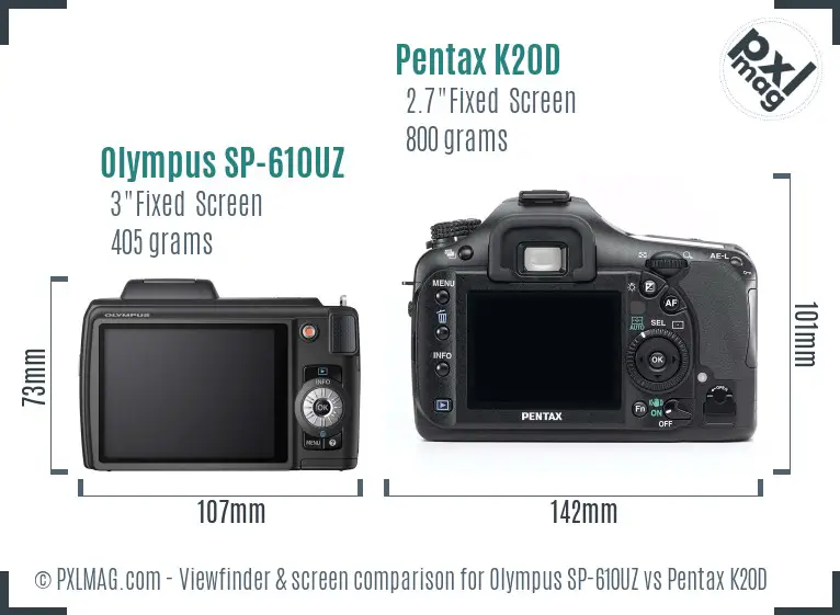 Olympus SP-610UZ vs Pentax K20D Screen and Viewfinder comparison