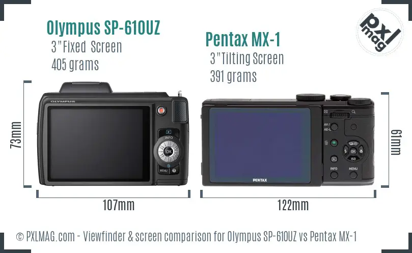 Olympus SP-610UZ vs Pentax MX-1 Screen and Viewfinder comparison