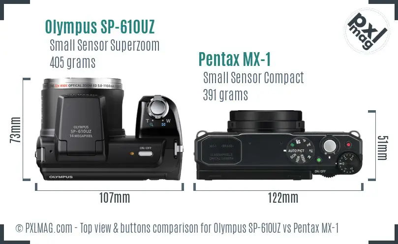 Olympus SP-610UZ vs Pentax MX-1 top view buttons comparison