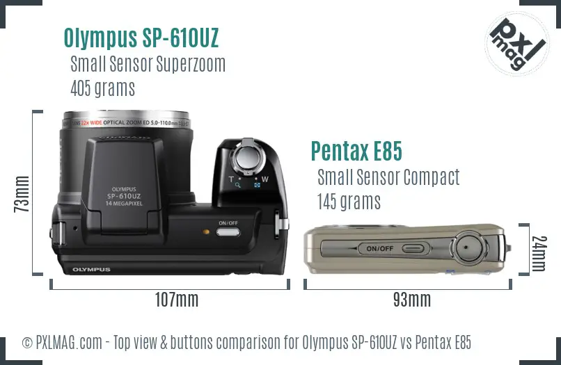 Olympus SP-610UZ vs Pentax E85 top view buttons comparison