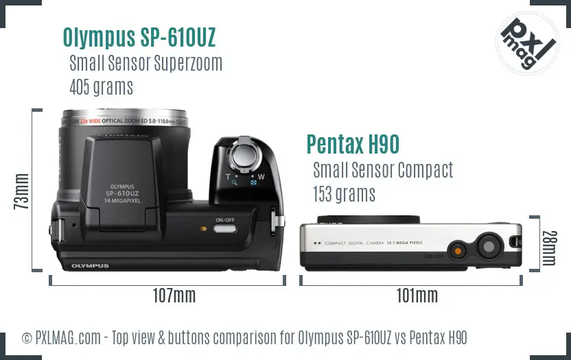 Olympus SP-610UZ vs Pentax H90 top view buttons comparison