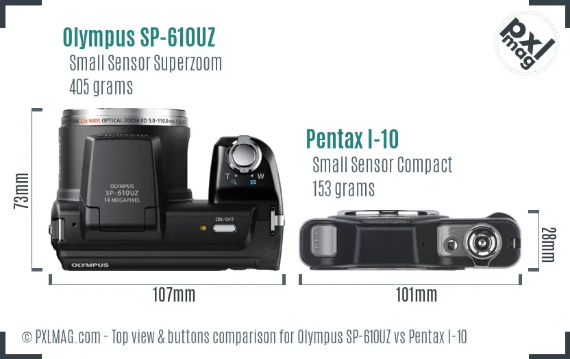 Olympus SP-610UZ vs Pentax I-10 top view buttons comparison