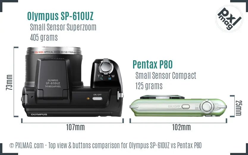 Olympus SP-610UZ vs Pentax P80 top view buttons comparison