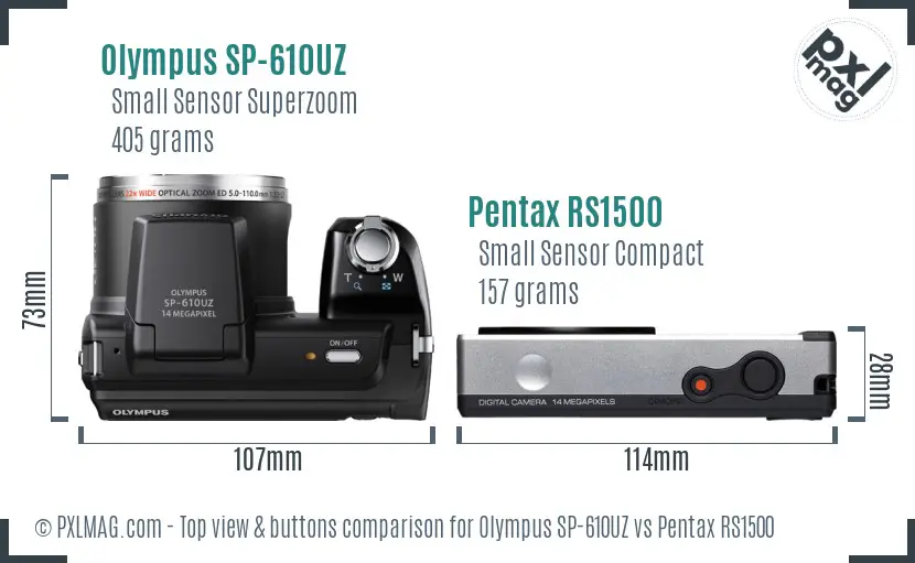 Olympus SP-610UZ vs Pentax RS1500 top view buttons comparison