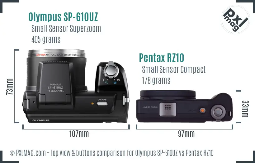 Olympus SP-610UZ vs Pentax RZ10 top view buttons comparison