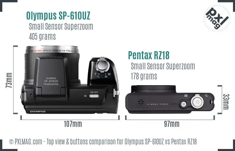 Olympus SP-610UZ vs Pentax RZ18 top view buttons comparison