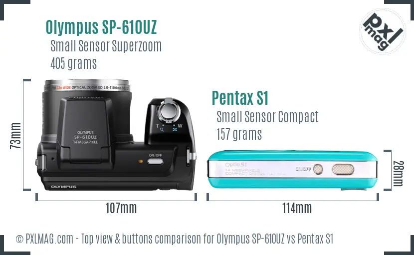 Olympus SP-610UZ vs Pentax S1 top view buttons comparison