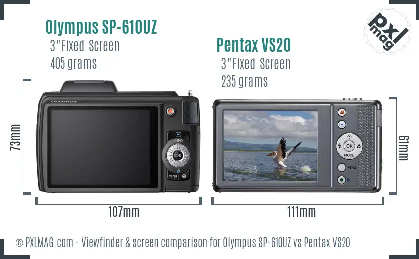 Olympus SP-610UZ vs Pentax VS20 Screen and Viewfinder comparison