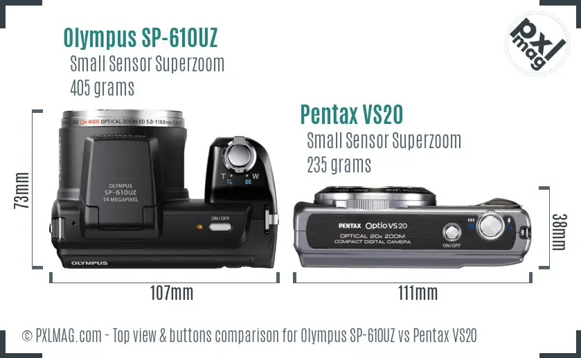 Olympus SP-610UZ vs Pentax VS20 top view buttons comparison