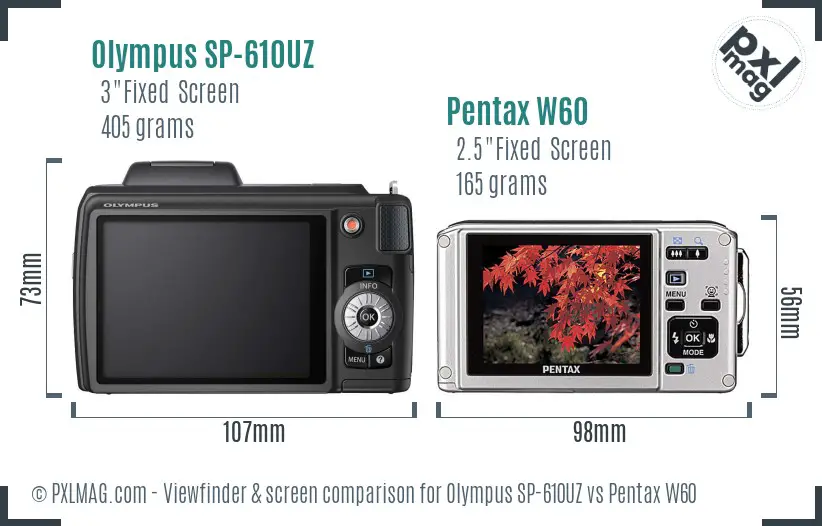 Olympus SP-610UZ vs Pentax W60 Screen and Viewfinder comparison