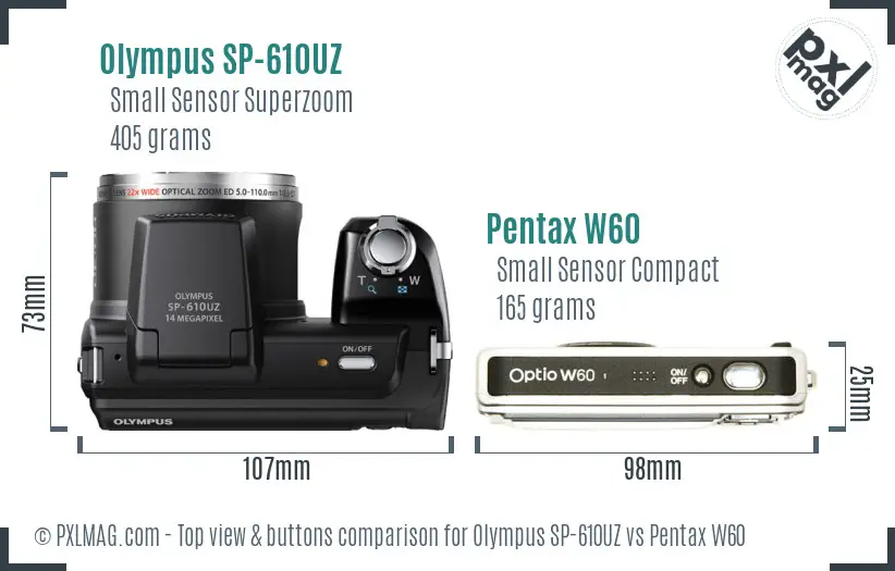 Olympus SP-610UZ vs Pentax W60 top view buttons comparison