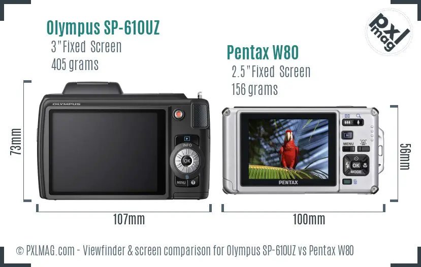 Olympus SP-610UZ vs Pentax W80 Screen and Viewfinder comparison