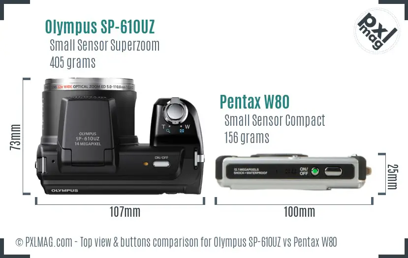 Olympus SP-610UZ vs Pentax W80 top view buttons comparison