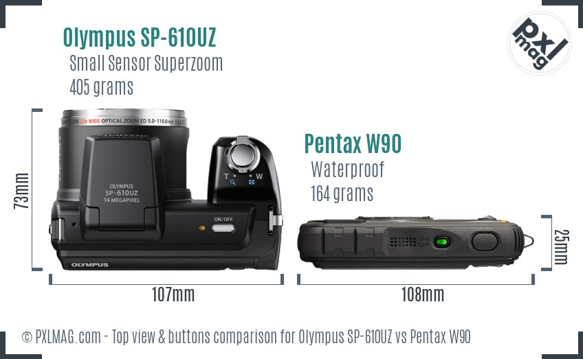 Olympus SP-610UZ vs Pentax W90 top view buttons comparison