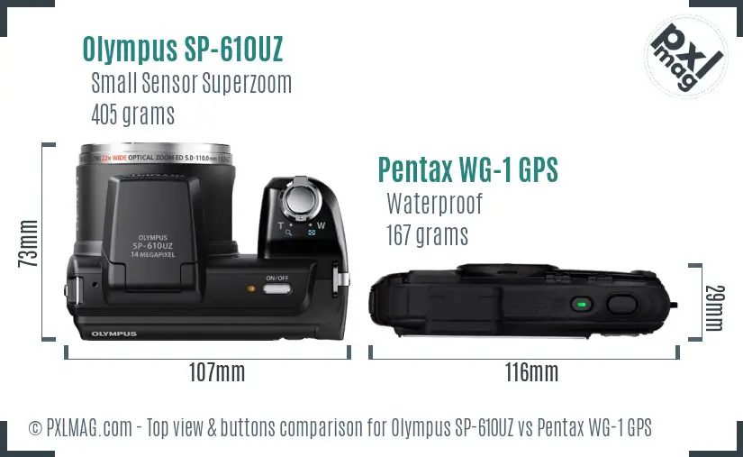 Olympus SP-610UZ vs Pentax WG-1 GPS top view buttons comparison