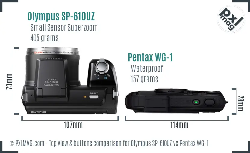 Olympus SP-610UZ vs Pentax WG-1 top view buttons comparison