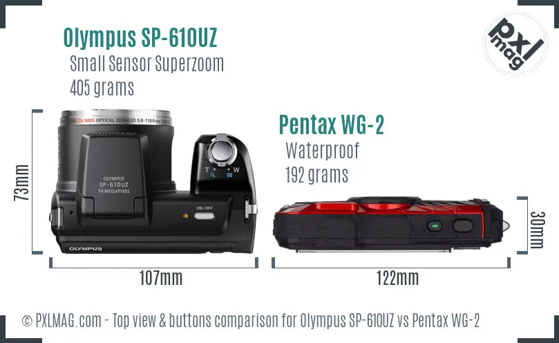 Olympus SP-610UZ vs Pentax WG-2 top view buttons comparison
