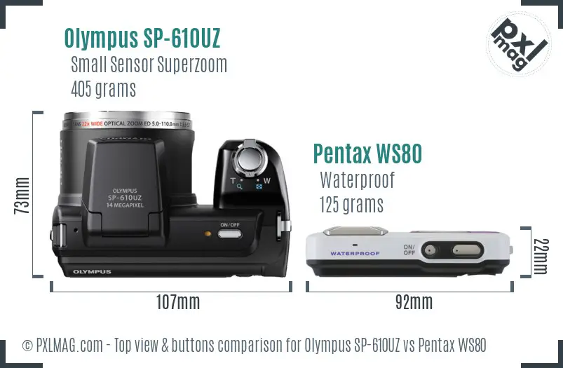 Olympus SP-610UZ vs Pentax WS80 top view buttons comparison