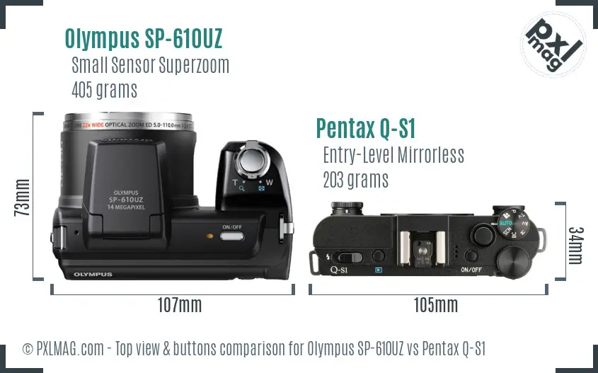 Olympus SP-610UZ vs Pentax Q-S1 top view buttons comparison