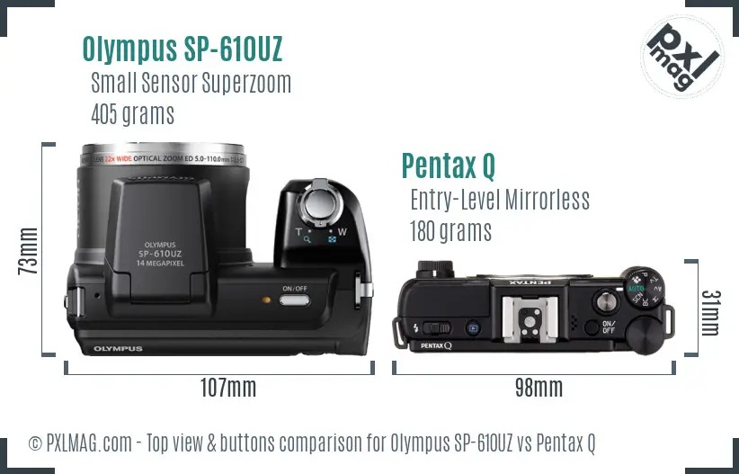 Olympus SP-610UZ vs Pentax Q top view buttons comparison