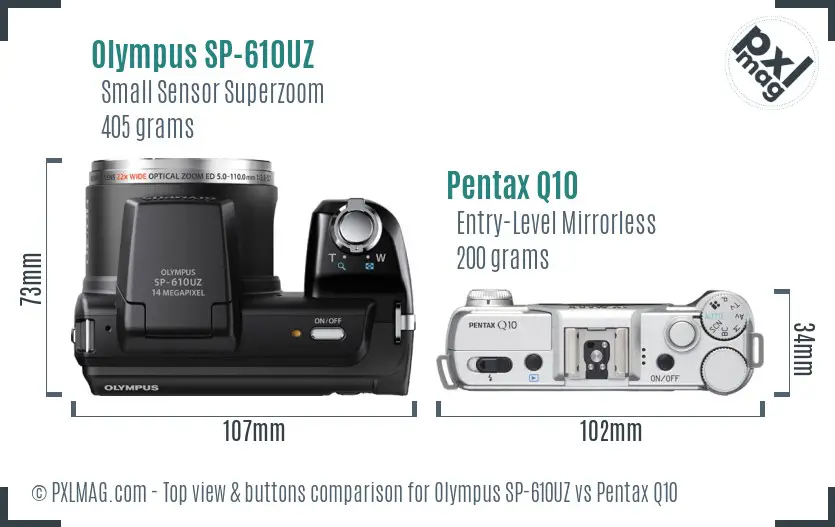 Olympus SP-610UZ vs Pentax Q10 top view buttons comparison