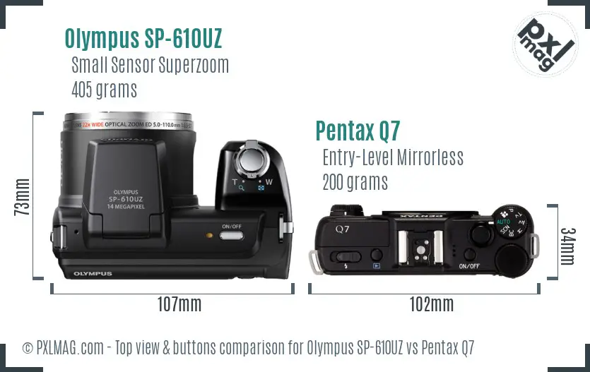 Olympus SP-610UZ vs Pentax Q7 top view buttons comparison