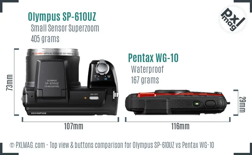 Olympus SP-610UZ vs Pentax WG-10 top view buttons comparison