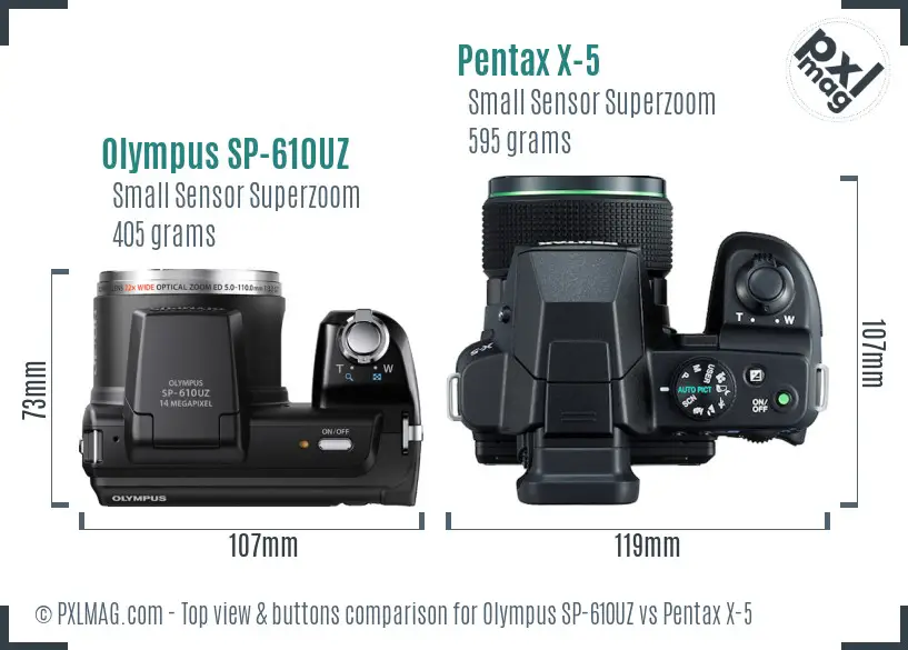 Olympus SP-610UZ vs Pentax X-5 top view buttons comparison Olympus SP-610UZ vs Pentax X-5 top view buttons comparison