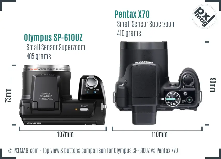 Olympus SP-610UZ vs Pentax X70 top view buttons comparison