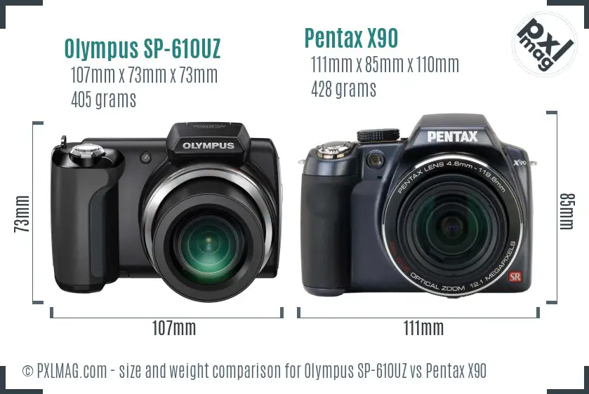 Olympus SP-610UZ vs Pentax X90 size comparison