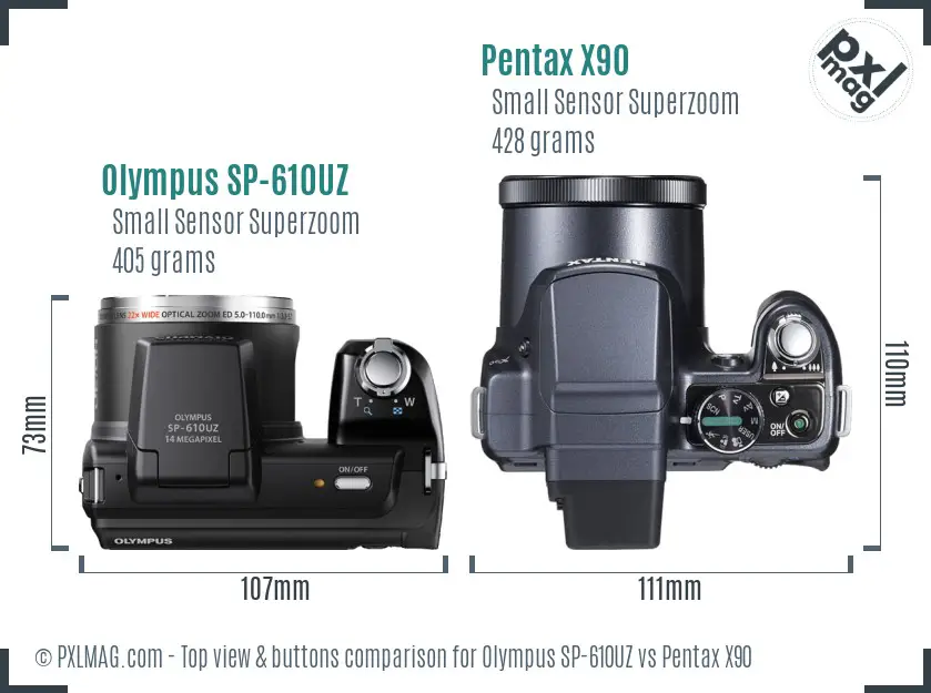 Olympus SP-610UZ vs Pentax X90 top view buttons comparison