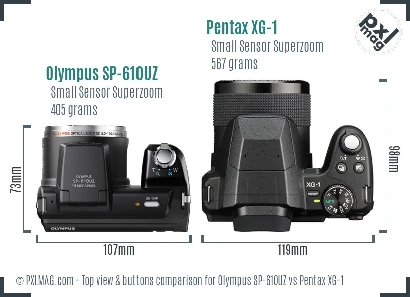 Olympus SP-610UZ vs Pentax XG-1 top view buttons comparison