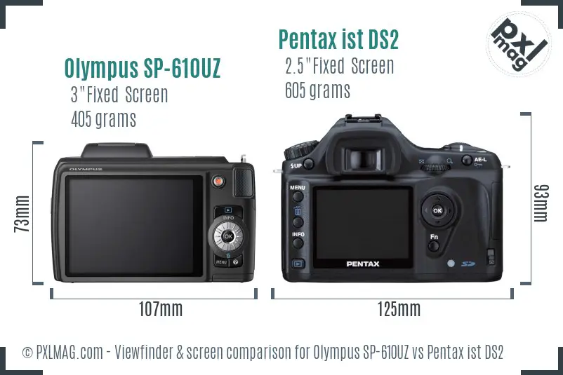 Olympus SP-610UZ vs Pentax ist DS2 Screen and Viewfinder comparison