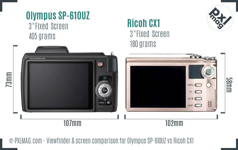 Olympus SP-610UZ vs Ricoh CX1 Screen and Viewfinder comparison