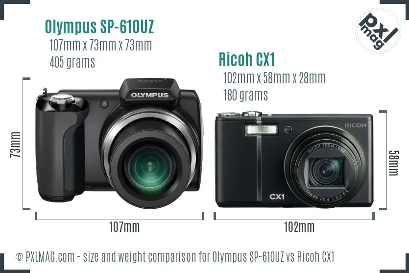 Olympus SP-610UZ vs Ricoh CX1 size comparison