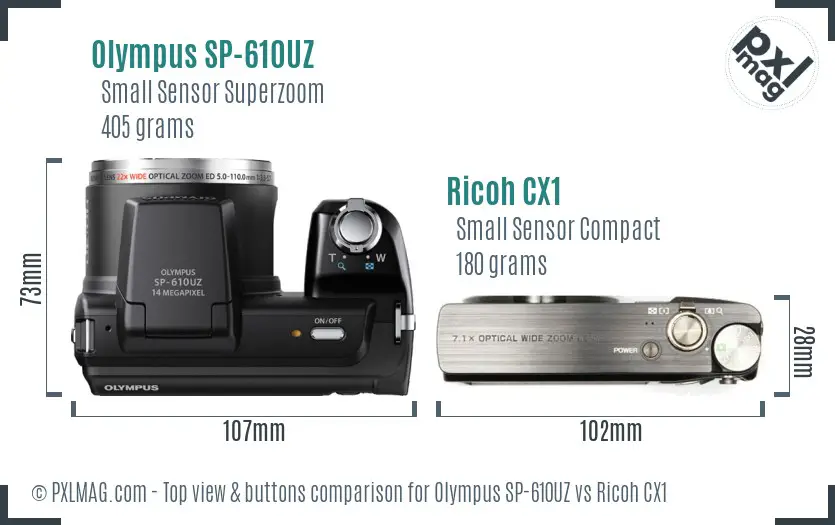 Olympus SP-610UZ vs Ricoh CX1 top view buttons comparison