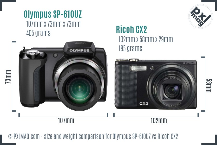 Olympus SP-610UZ vs Ricoh CX2 size comparison