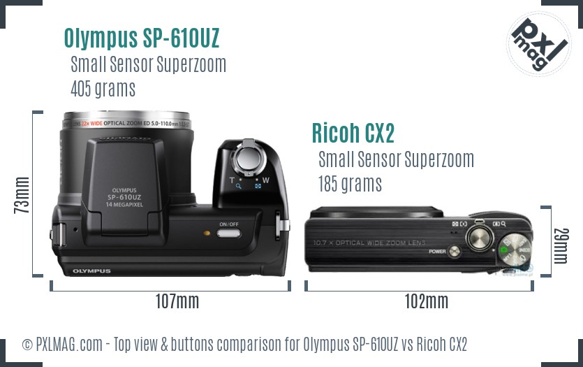 Olympus SP-610UZ vs Ricoh CX2 top view buttons comparison