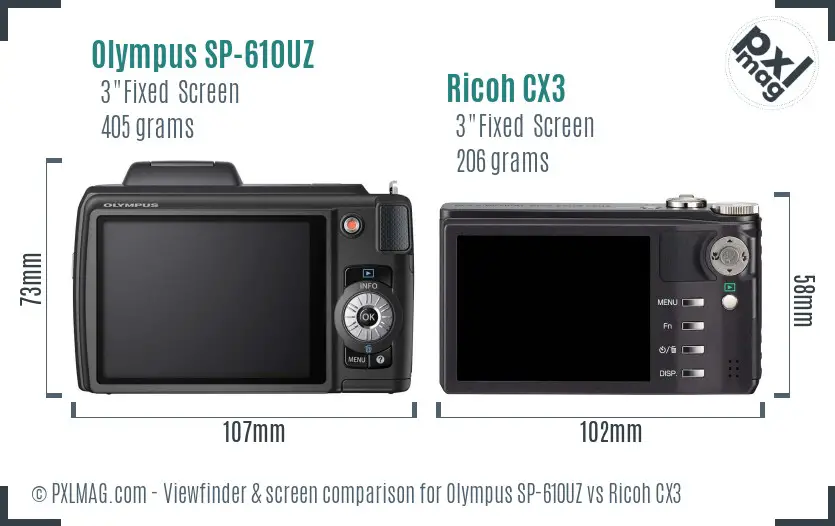 Olympus SP-610UZ vs Ricoh CX3 Screen and Viewfinder comparison Olympus SP-610UZ vs Ricoh CX3 Screen and Viewfinder comparison