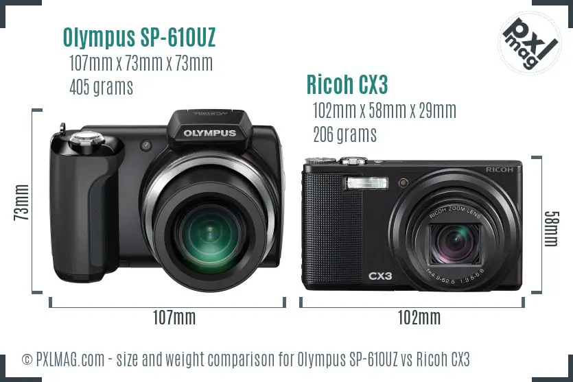 Olympus SP-610UZ vs Ricoh CX3 size comparison Olympus SP-610UZ vs Ricoh CX3 size comparison