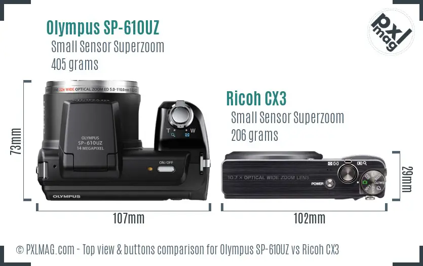 Olympus SP-610UZ vs Ricoh CX3 top view buttons comparison Olympus SP-610UZ vs Ricoh CX3 top view buttons comparison