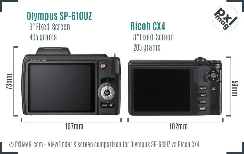 Olympus SP-610UZ vs Ricoh CX4 Screen and Viewfinder comparison