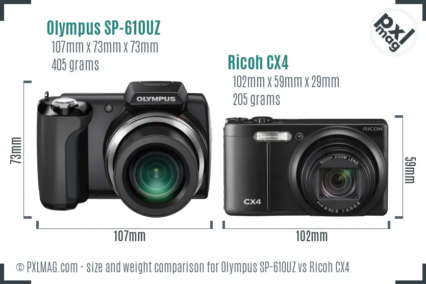 Olympus SP-610UZ vs Ricoh CX4 size comparison