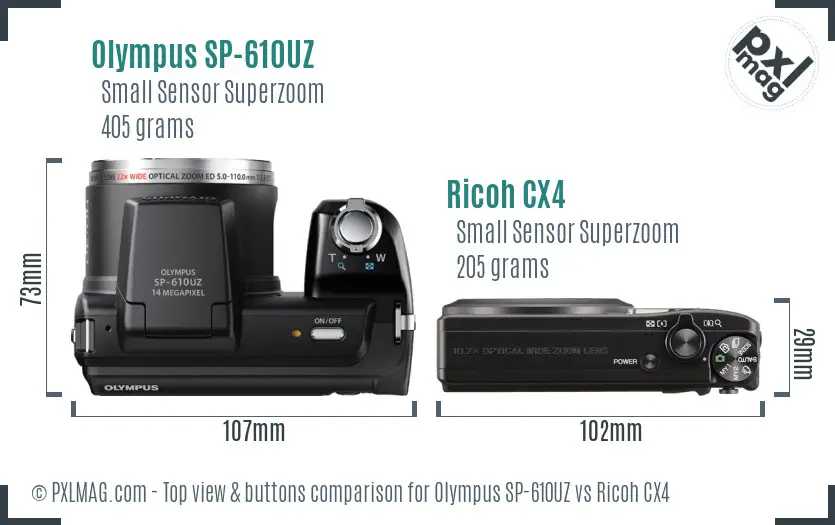 Olympus SP-610UZ vs Ricoh CX4 top view buttons comparison