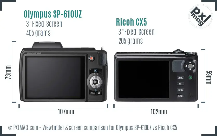 Olympus SP-610UZ vs Ricoh CX5 Screen and Viewfinder comparison